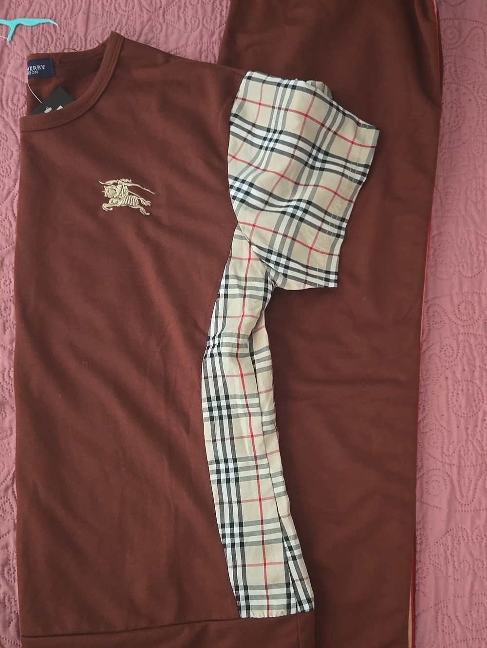 Burberry Brown Kids Pajama Set with Plaid Trim